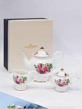 Porcelain Roses Tea Pot, Cream and Sugar Set